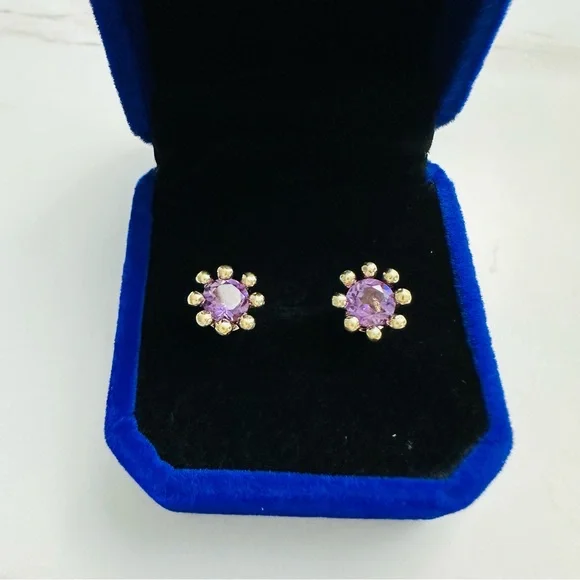 Gold Over Sterling Silver Amethyst Stud Earrings – Vintage Floral Design - Picture 4 of 12
